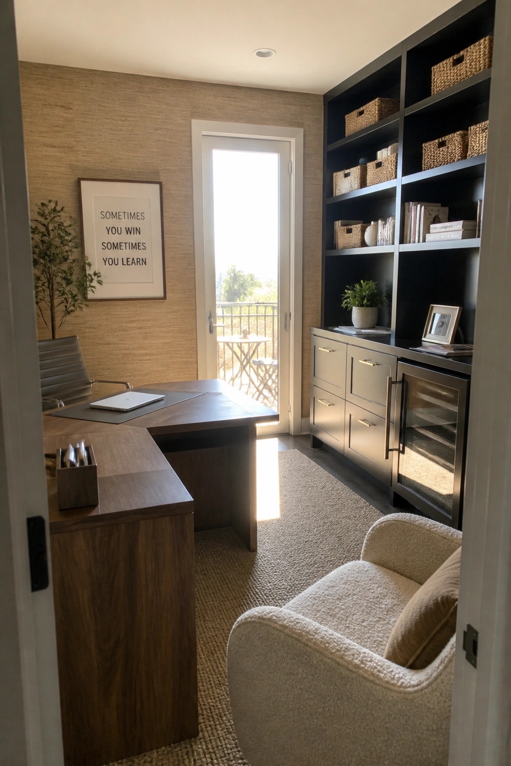 A home office with a wooden desk, a large built-in black shelving unit featuring open shelves with baskets and books plus lower cabinets, and a cream upholstered chair.