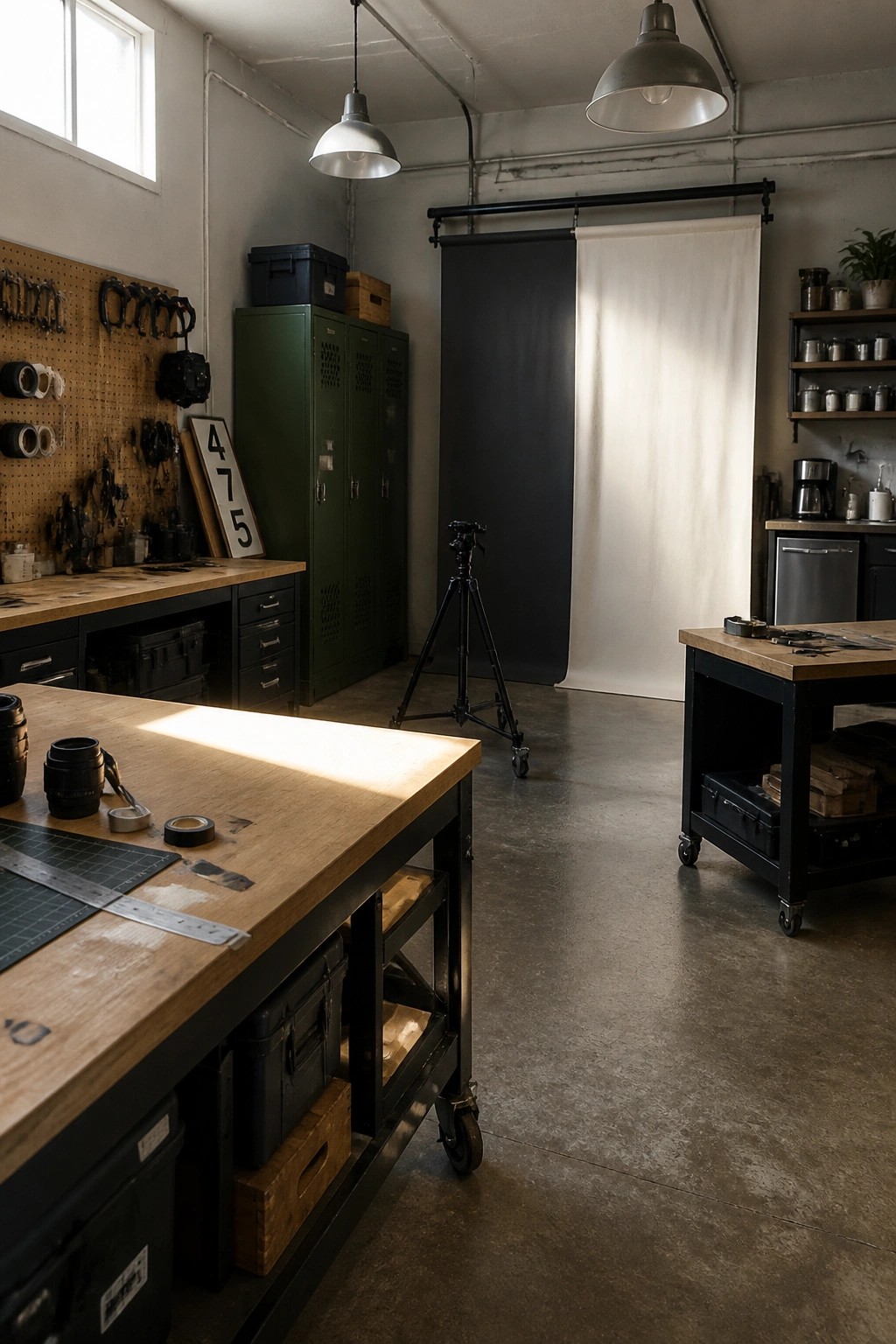 Industrial workshop with wooden benches, tool pegboard, tripod, and black-white backdrops.
