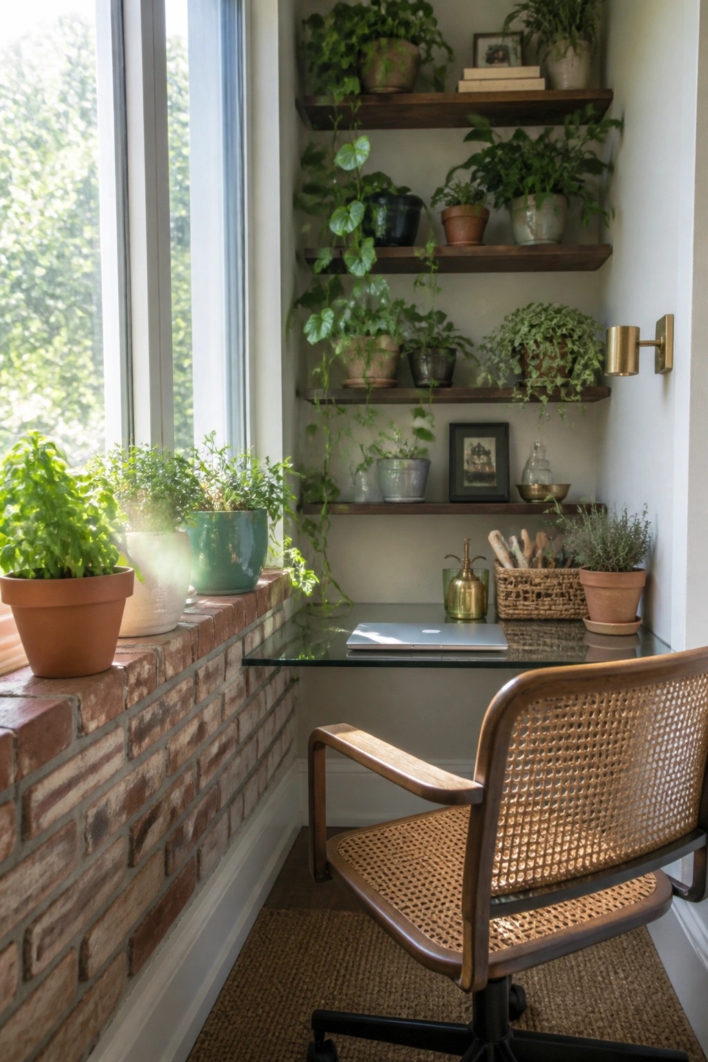 A compact home office features a glass desk under wooden floating shelves filled with potted plants beside a large window and brick wall.
