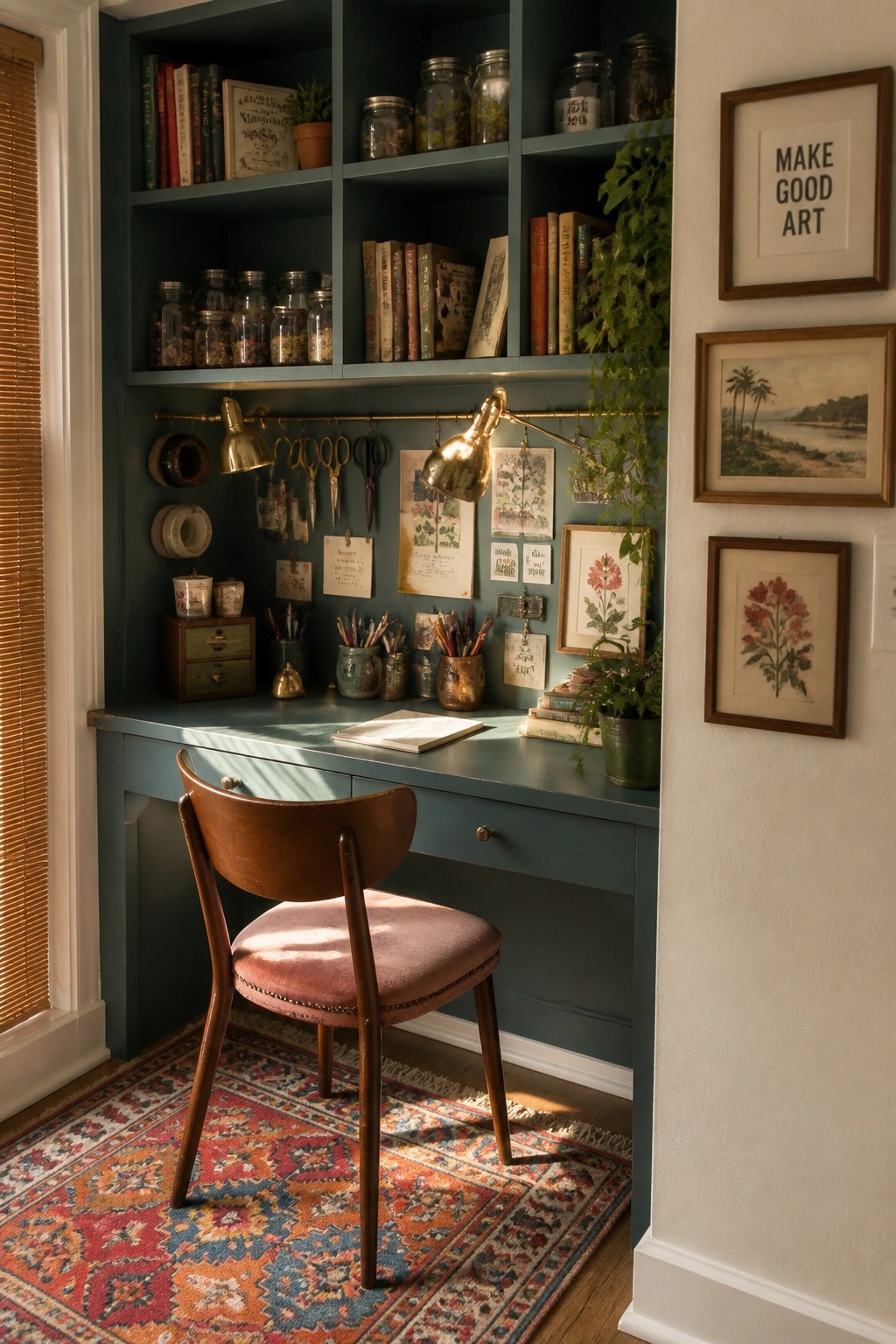 A teal built-in desk and shelving unit in a small room with a wooden chair and pink cushion on a patterned rug.