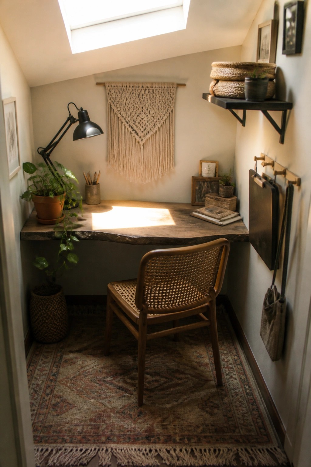 A narrow home office nook with a wooden desk under a skylight, a woven chair on a patterned rug, and a macrame wall hanging above the desk.