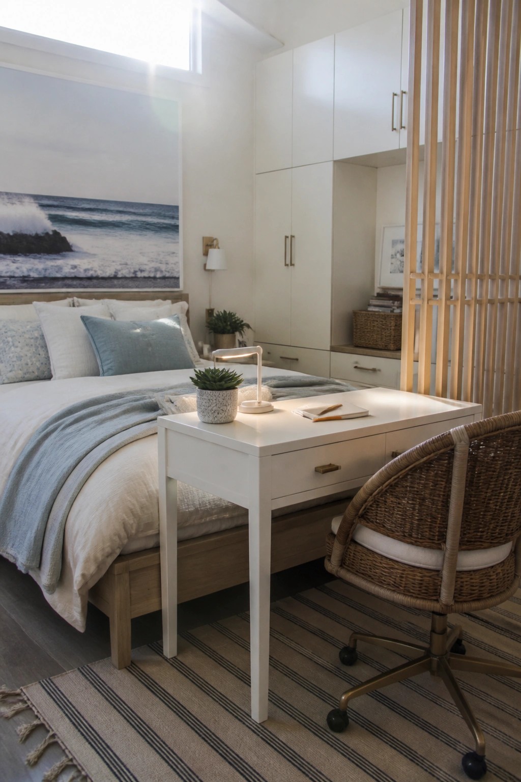 Bright bedroom with white desk, wicker chair, blue bedding, and ocean art