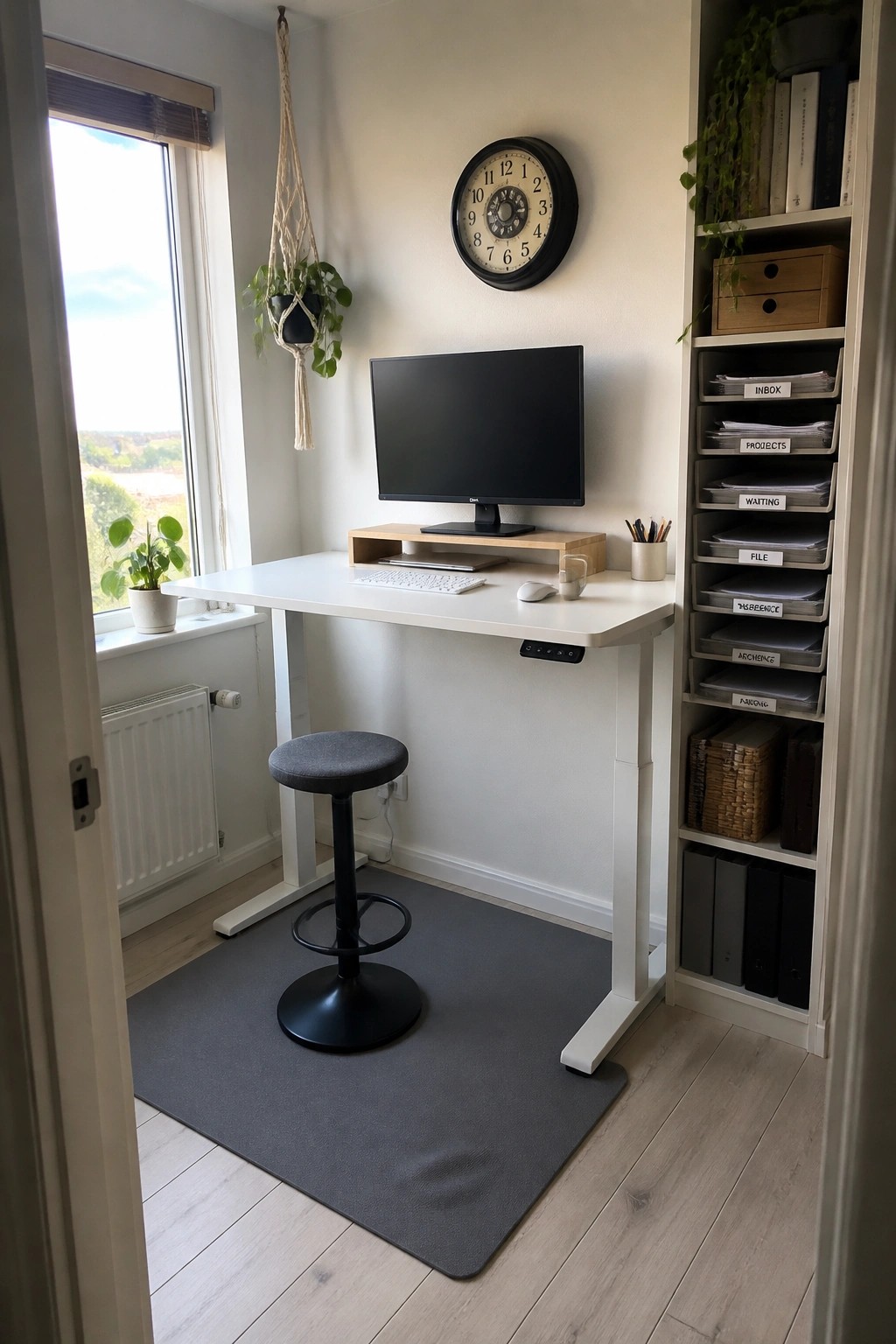 White standing desk with monitor, black stool on gray rug, wall clock and shelves