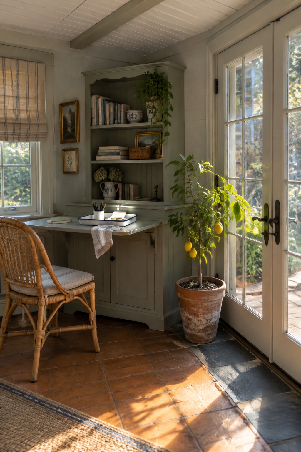 A sage green built-in corner cabinet with a fold-down desk surface, wicker chair, open shelves holding books, and a potted lemon tree next to a glass door on terracotta tile.