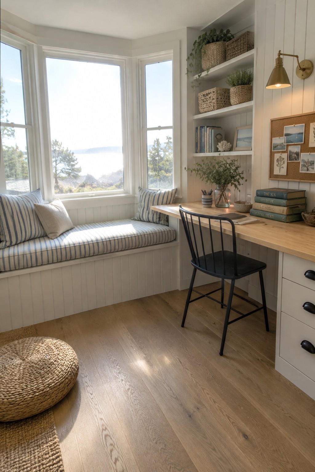 A corner room with a light wood desk against white wainscoting, a black spindle chair, built-in shelves above, and a striped cushion on the window seat under three large windows.