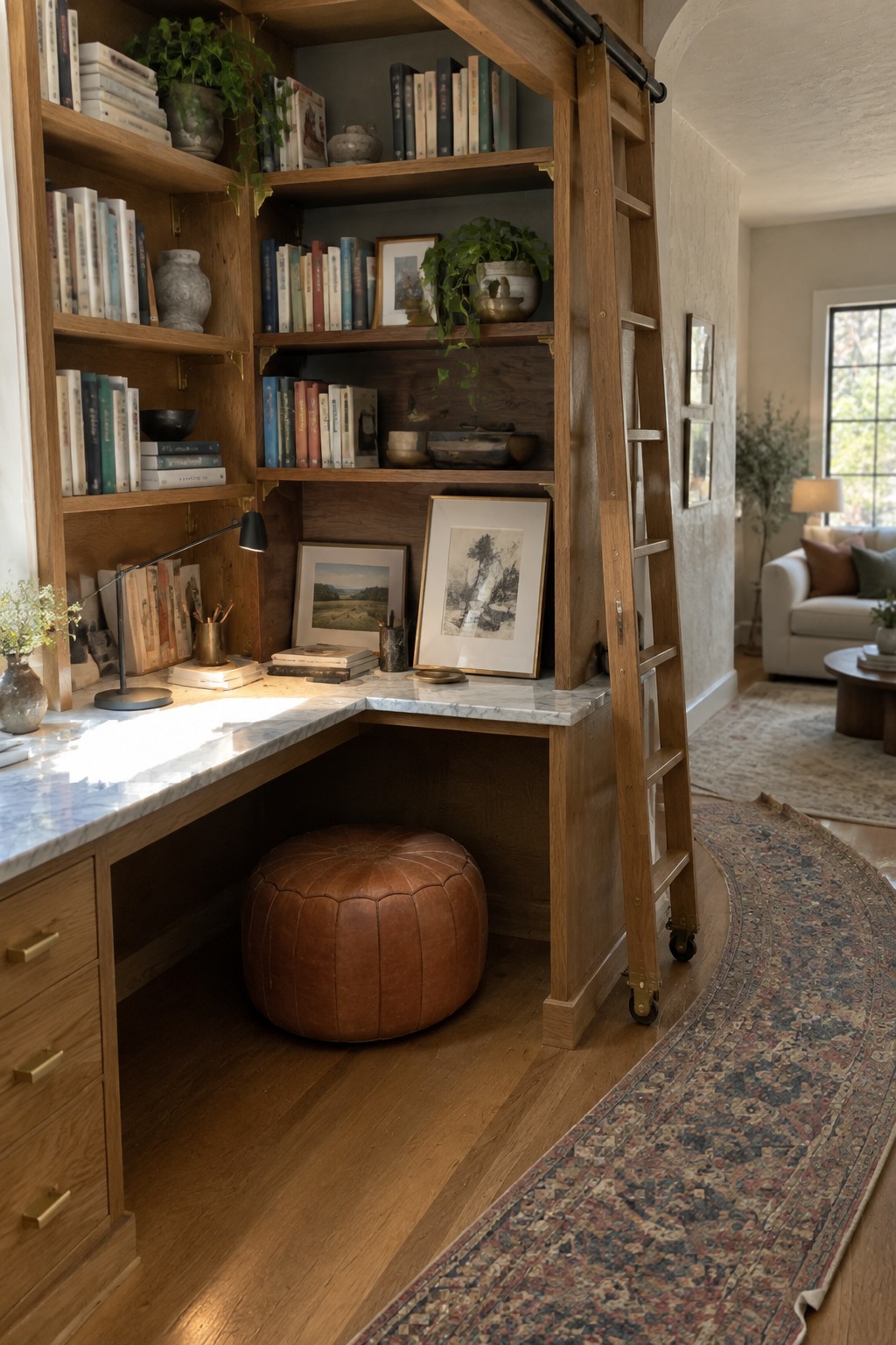 Wooden corner desk with marble top, built-in bookshelves, rolling ladder, and leather pouf