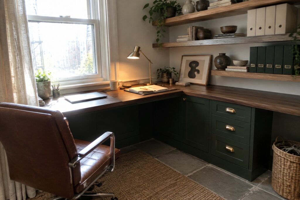 A corner home office with an L-shaped wooden desk, green lower cabinets, floating wooden shelves above, and a window on the left wall.