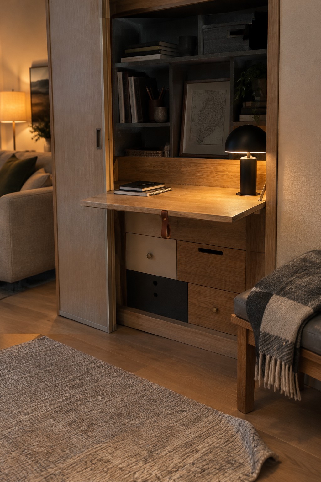 A wooden built-in cabinet with a fold-down desk surface, upper shelves holding books and framed art, and mixed wood and painted drawers below in a living room.