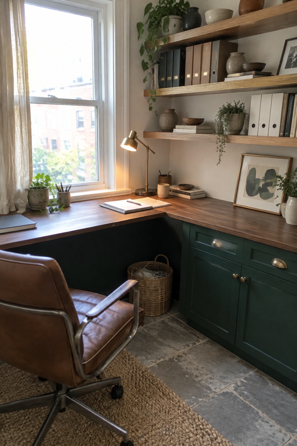 A corner home office with an L-shaped wooden desk, green lower cabinets, floating wooden shelves above, and a window on the left wall.