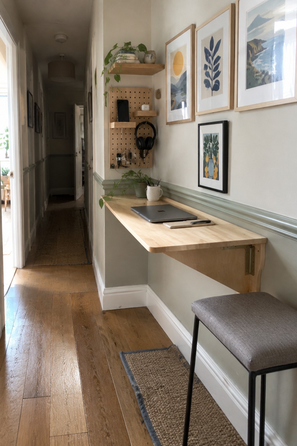A light wood wall-mounted desk with a laptop sits in a hallway next to a gray stool, with a pegboard above holding headphones and a small shelf nearby.