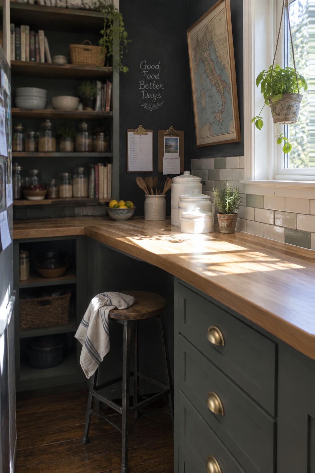 A wooden corner countertop with dark green cabinets below, open shelves to the left, a wooden stool in front, and a chalkboard wall behind.