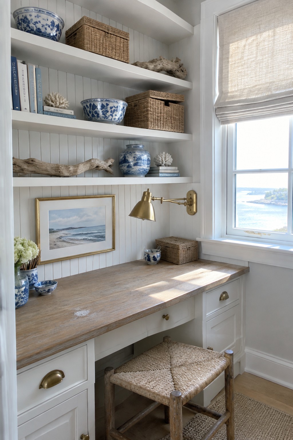 A corner home office with a wooden built-in desk, white open shelves holding blue and white ceramics and woven baskets, a brass wall lamp, and a window overlooking water.