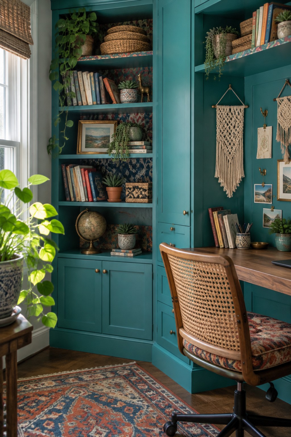 A home office features teal built-in shelves and cabinets surrounding a wooden desk, with a woven chair, books, plants, and a patterned rug on the floor.