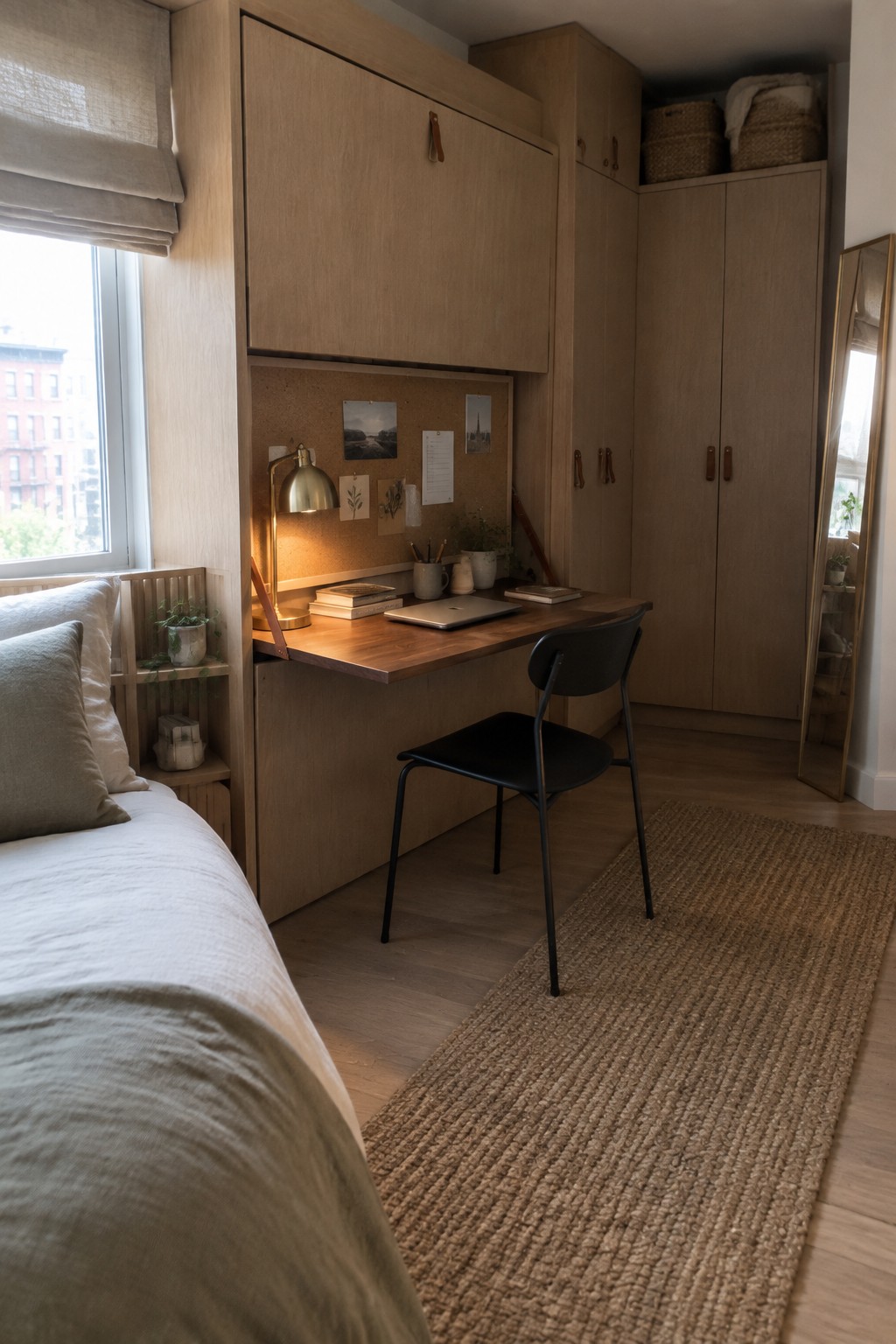 A compact bedroom features a wooden built-in desk with overhead cabinets, corkboard, and desk lamp, paired with a black chair, woven rug, and bed with light bedding beside a window.