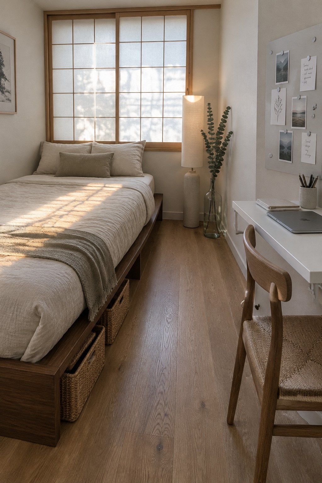 A compact bedroom showing a low platform bed with woven baskets underneath on the left and a wall-mounted white desk with a wooden chair on the right.