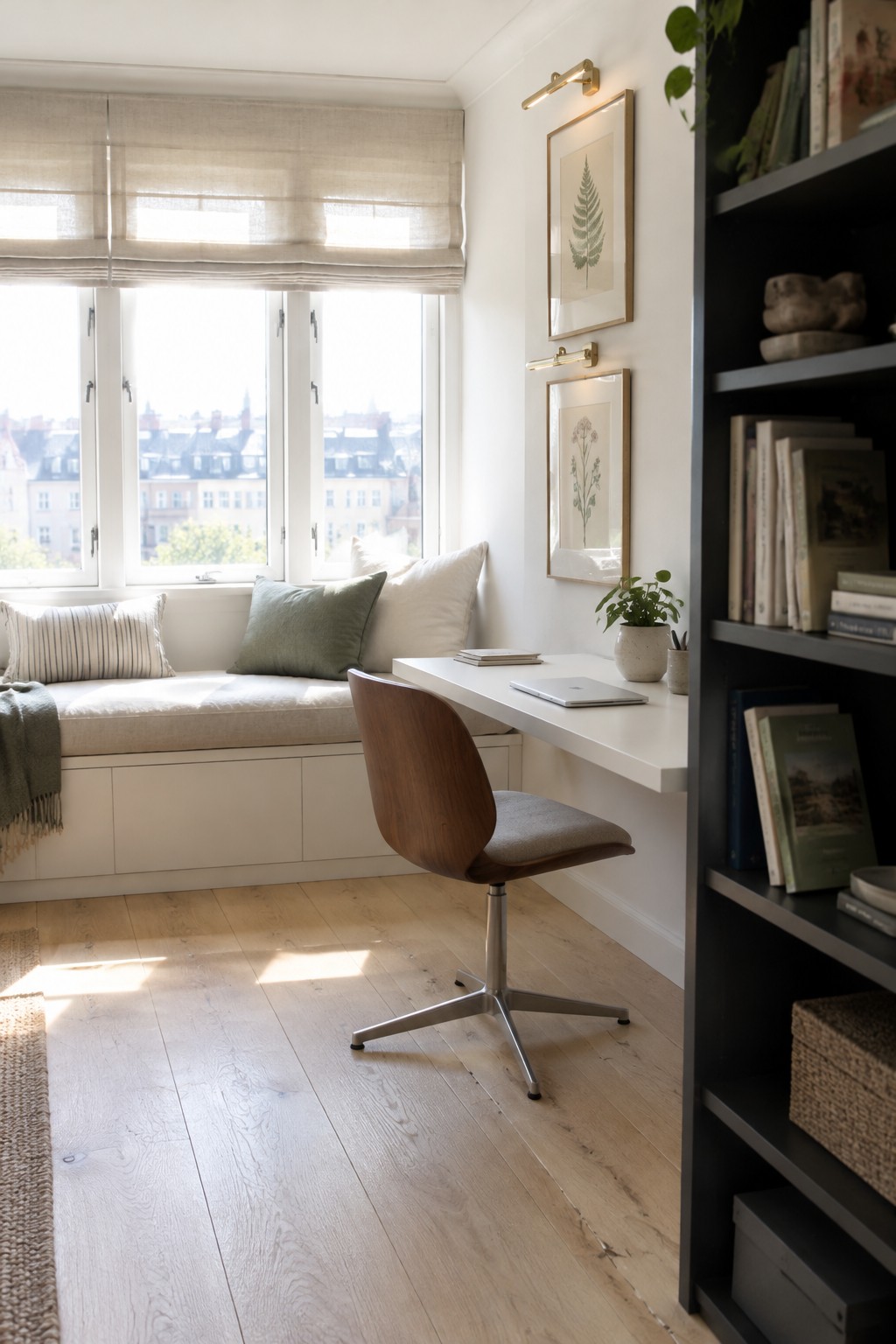 A bright apartment room with a white built-in window seat under three windows, a wooden swivel chair at a white desk, and a dark bookshelf on the right wall.