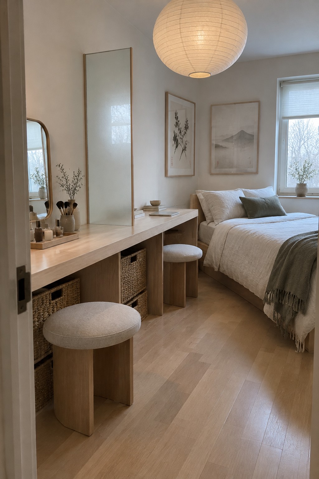 A light-filled bedroom with a long floating wood desk against the wall, two round upholstered stools, woven baskets stored below the desk, a tall mirror, and a bed with white and green bedding on the right.