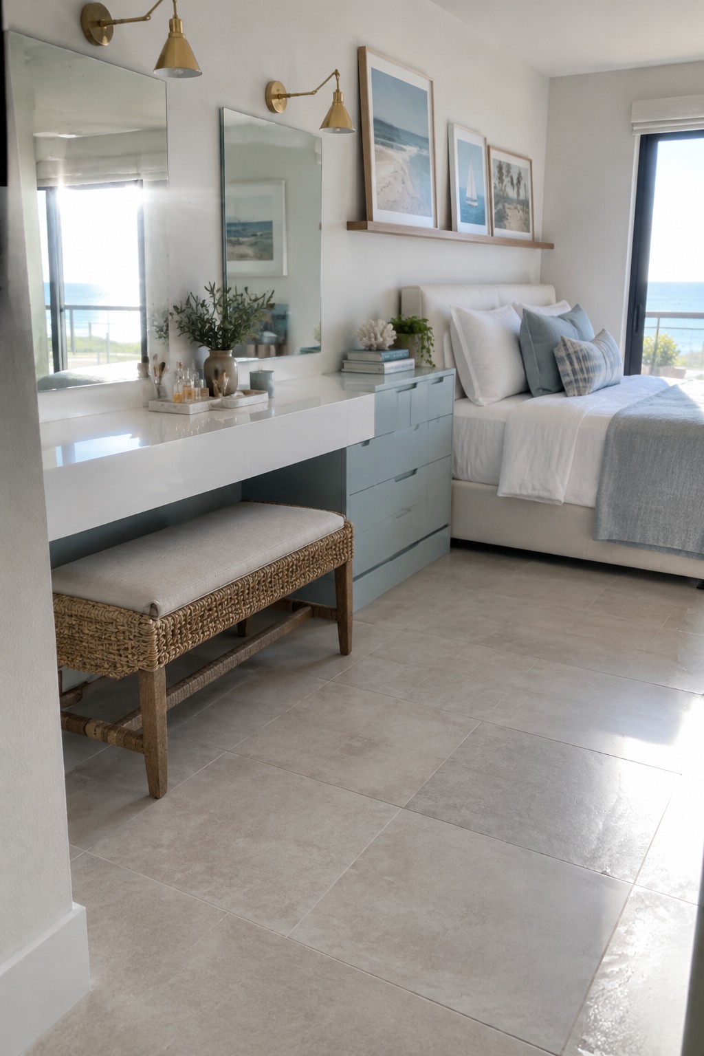 A bedroom with a long white floating vanity, light blue storage drawers, a woven bench underneath, and a bed with white and blue bedding near a window.