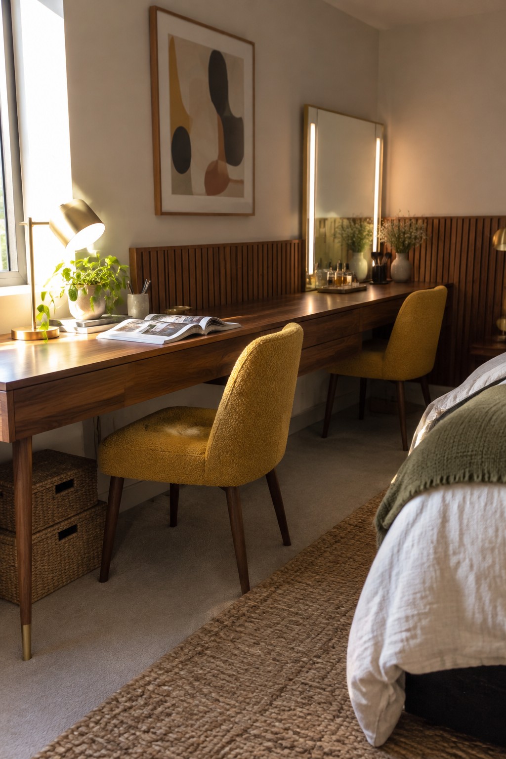 Sunlit wooden desk with yellow bouclé chairs and lit vanity mirror in modern bedroom