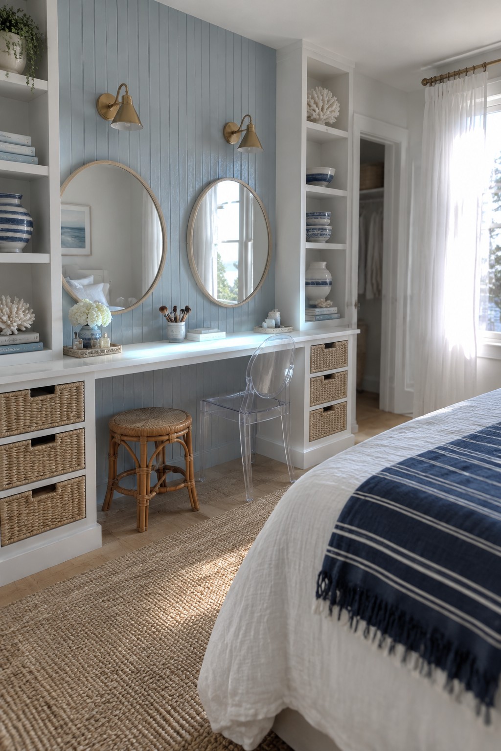 A bedroom interior showing a white built-in vanity desk with two round mirrors, wall sconces, open shelving with woven baskets, and a bed with a blue striped throw visible in the foreground.