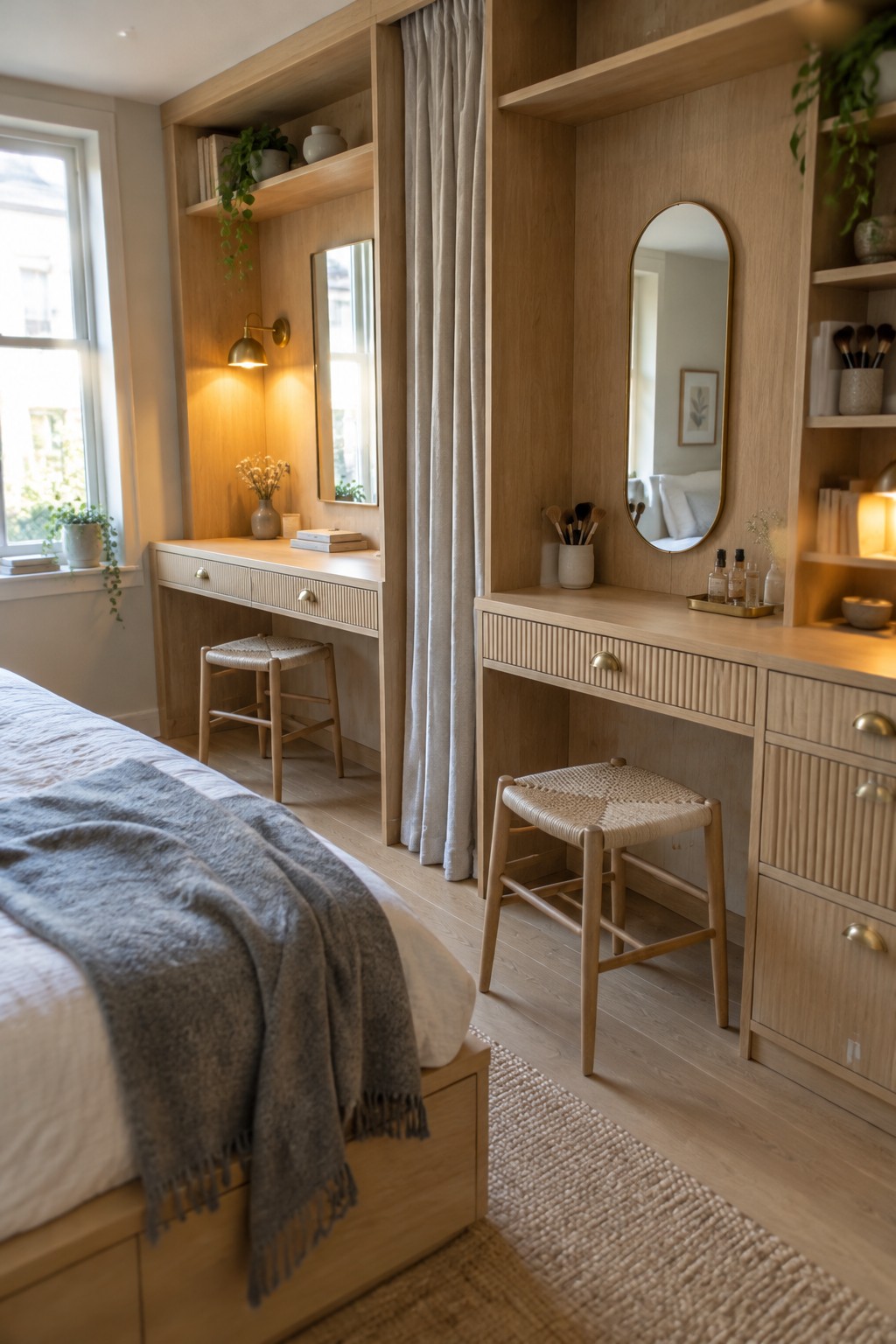 A bedroom interior showing two light wood built-in vanity desks with mirrors, stools, and open shelving, placed side by side along a wall next to a bed.