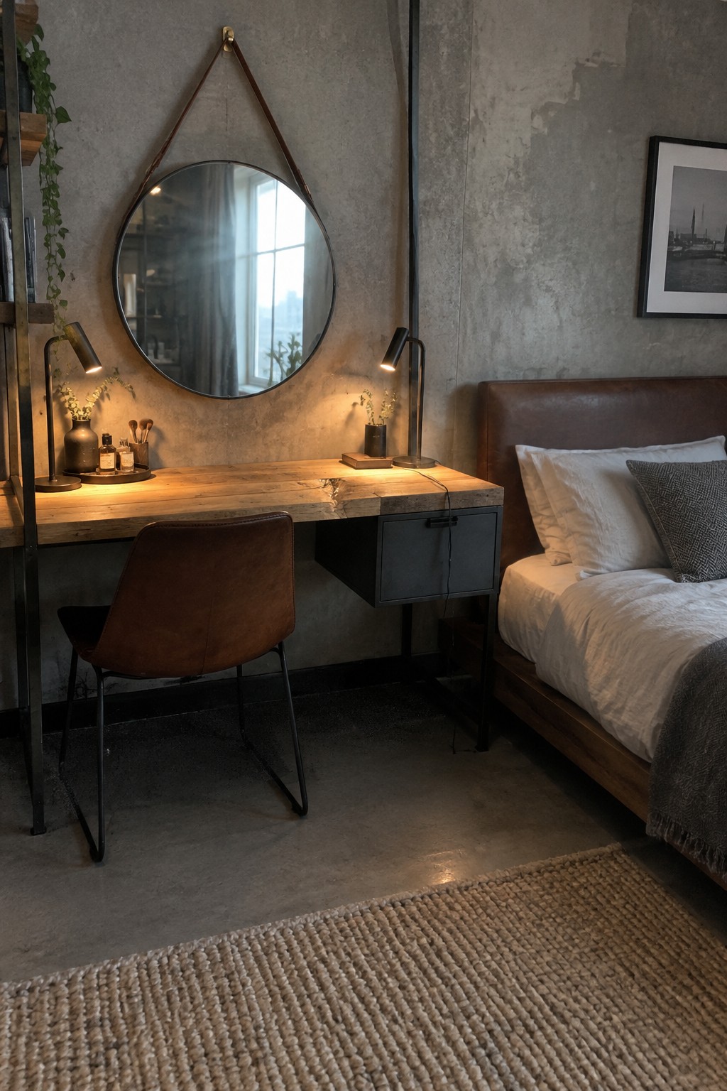 Wooden desk with round mirror, leather chair, lamps, and bed in rustic bedroom
