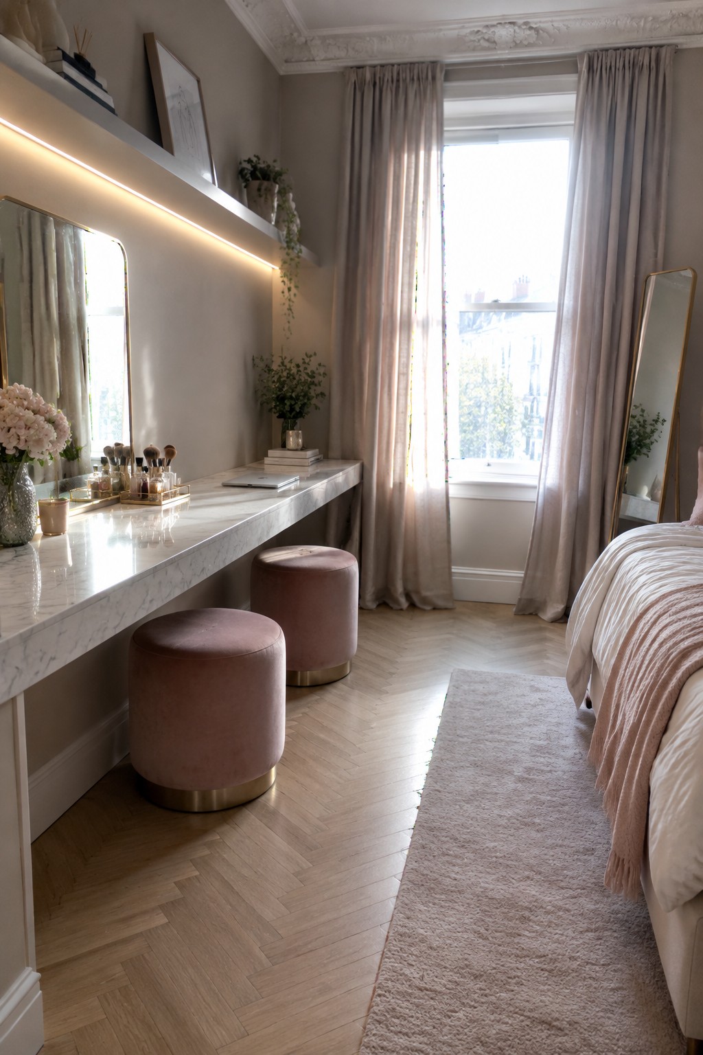 Marble vanity desk with pink velvet stools, large mirror, and herringbone wood floor in neutral bedroom.