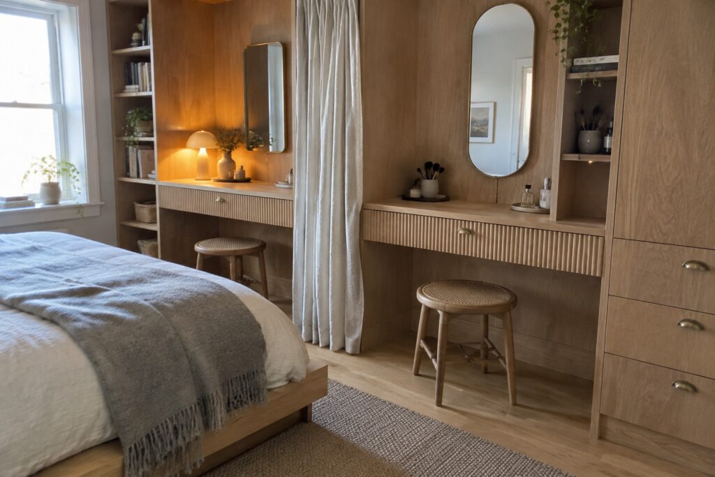 A bedroom interior showing two light wood built-in vanity desks with mirrors, stools, and open shelving, placed side by side along a wall next to a bed.