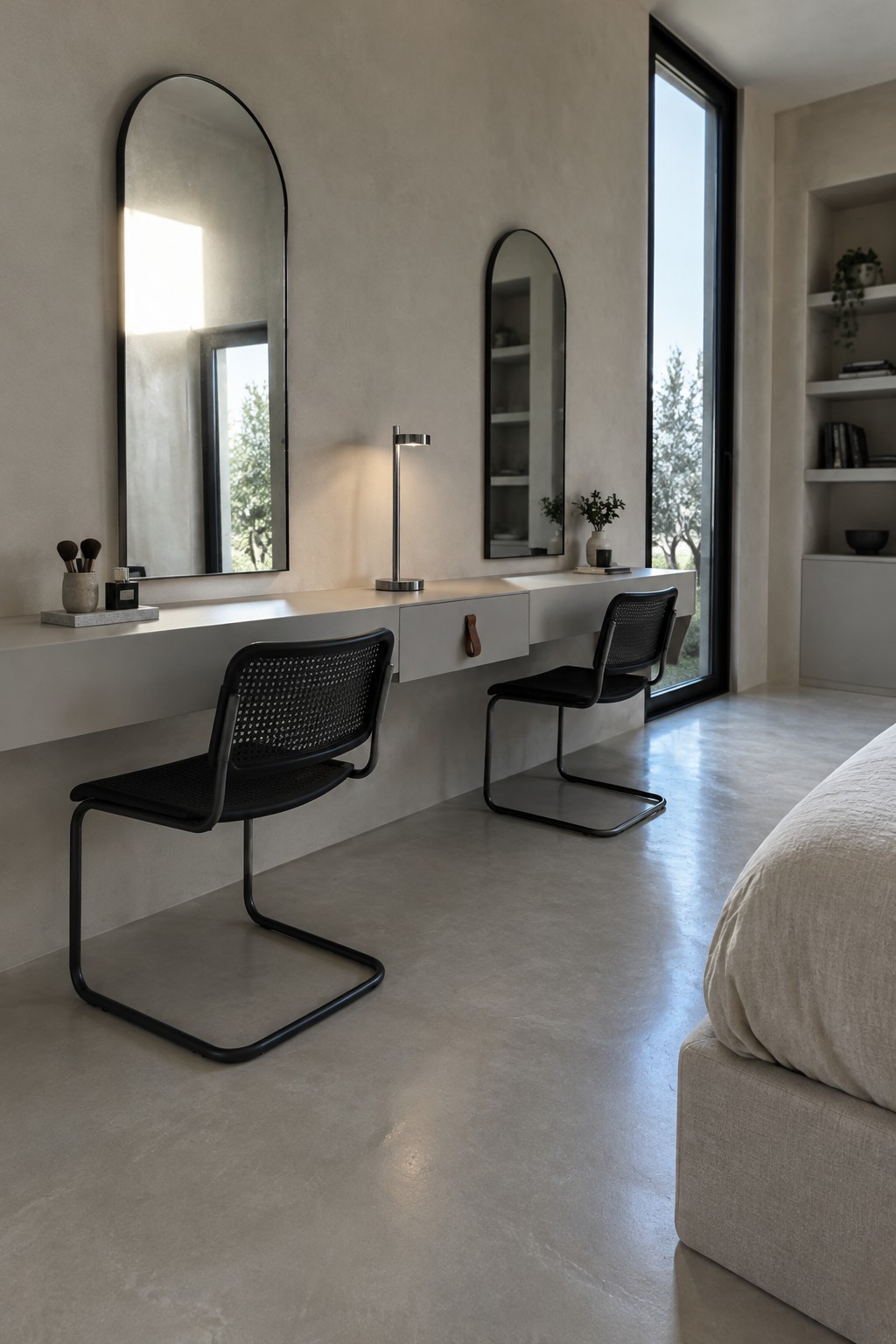 A minimalist bedroom with a long floating white vanity desk, two black cantilever chairs, arched mirrors, and a large window with natural light.