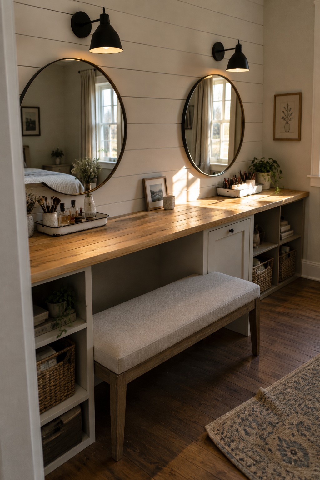 A long wooden vanity desk with two round mirrors mounted above it, a upholstered bench tucked underneath, and open cubby storage filled with baskets on both ends.