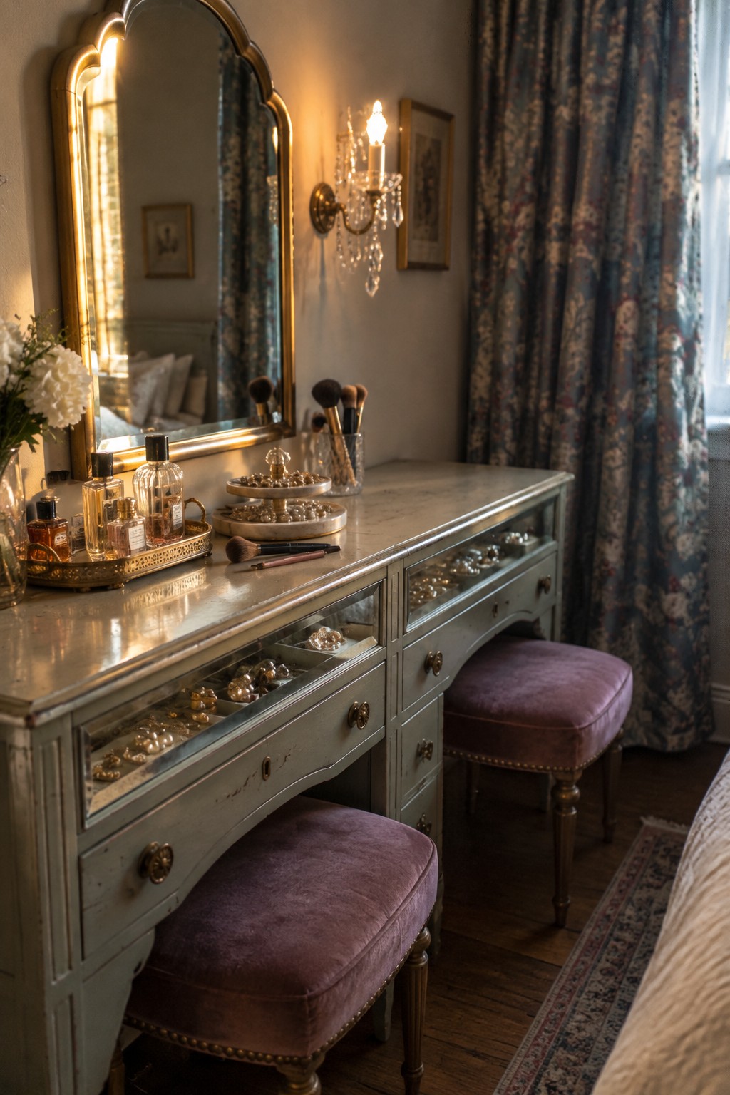 A vintage vanity desk with a large mirror, two purple upholstered stools, perfume bottles, makeup brushes, and jewelry on the surface in a bedroom setting.
