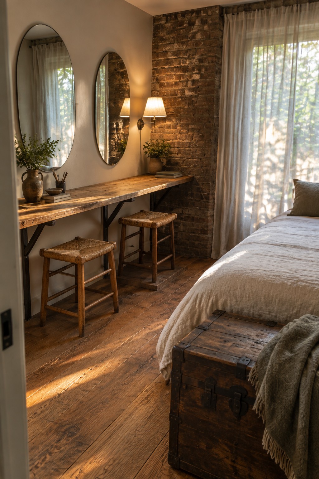Rustic bedroom with wooden desk, oval mirrors, brick wall, woven stools, and sunlit bed