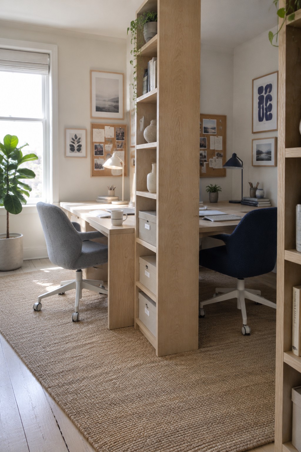Two light wood desks with gray and navy chairs divided by a tall bookshelf.