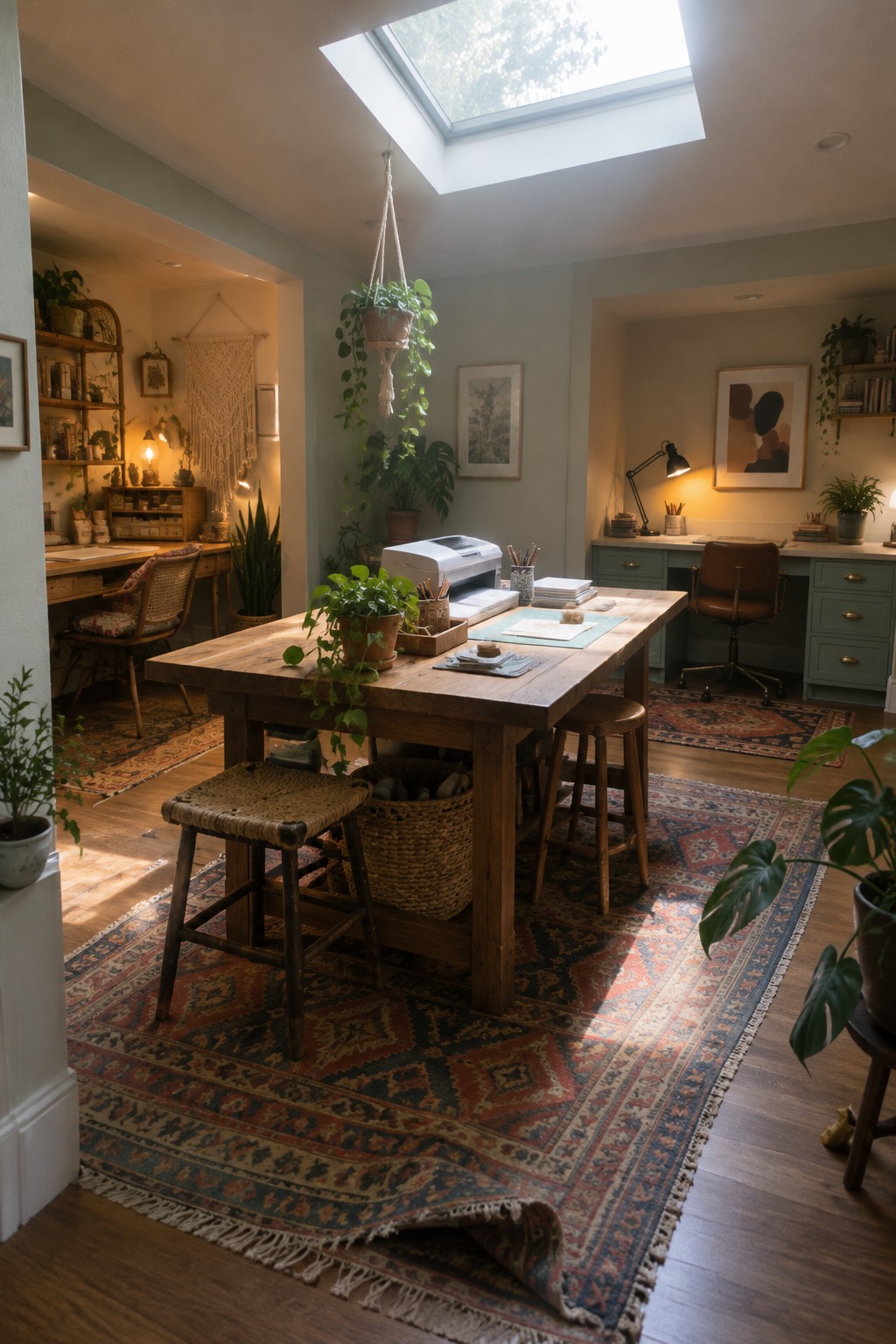A home office interior with a large wooden table on layered rugs, a hanging plant above it, a printer on the table, and separate desks with chairs visible in background alcoves.