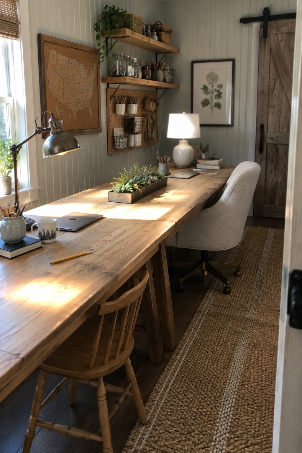 A long wooden desk in a light-colored home office with a wooden chair at the front and an upholstered swivel chair at the back, plus wall shelves and a window on the left.