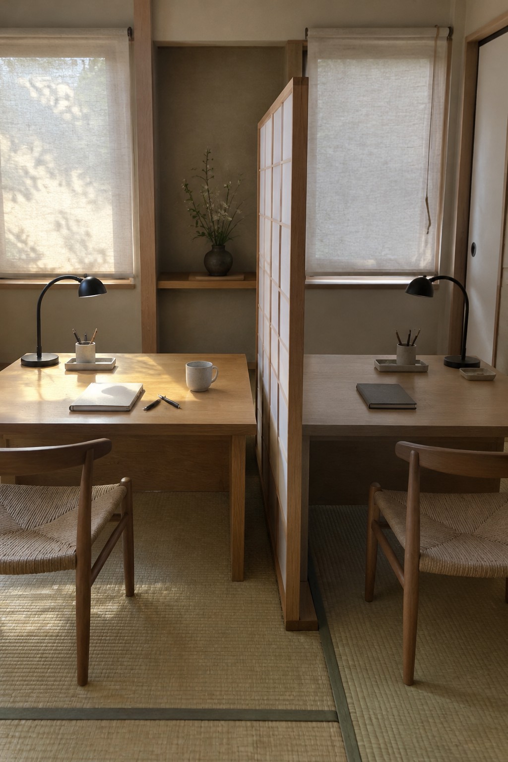 Two matching wooden desks with chairs placed on either side of a tall shoji screen in a room with tatami flooring and large windows.