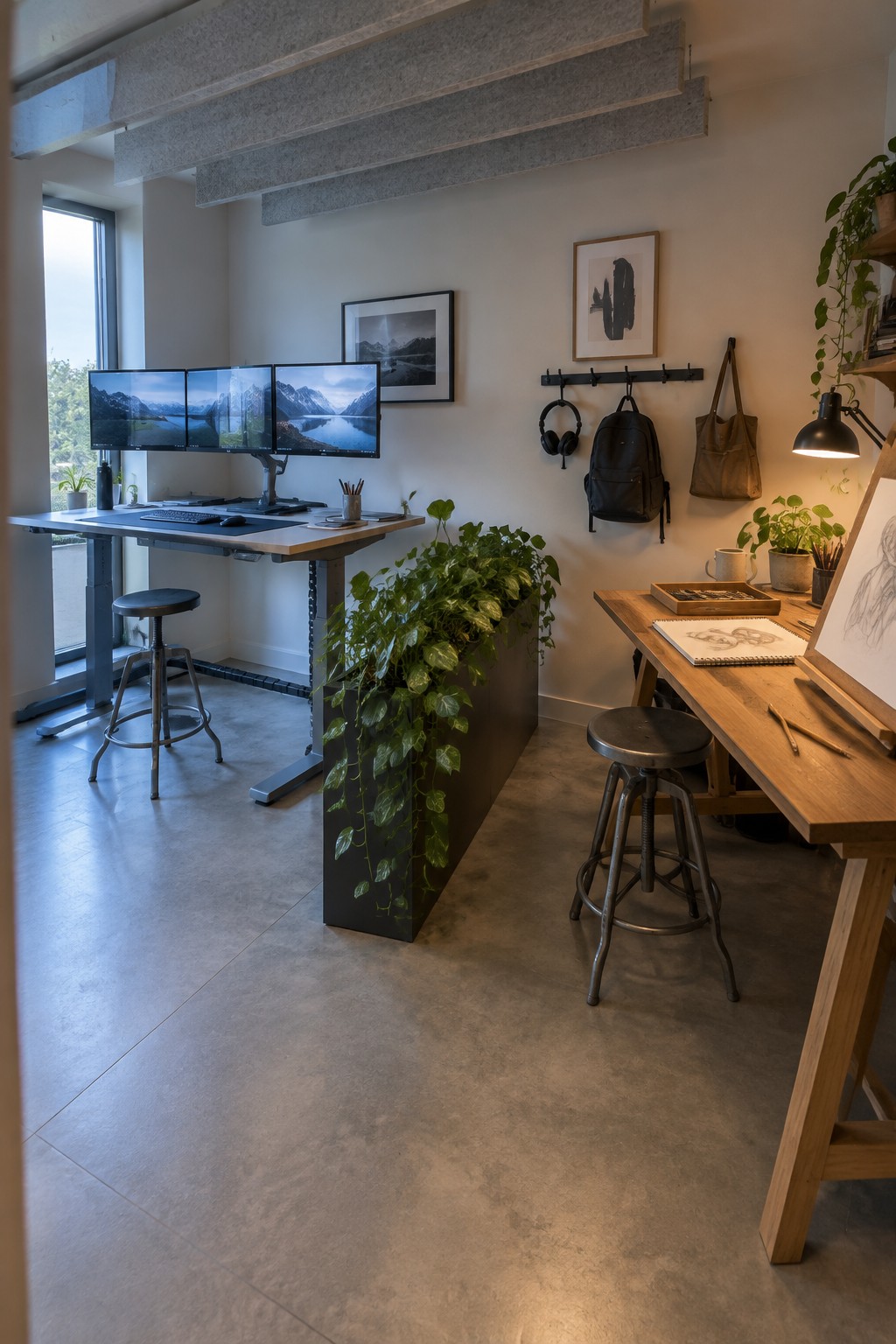 Modern office with triple monitors, wooden art desk, plants, stools on concrete floor.