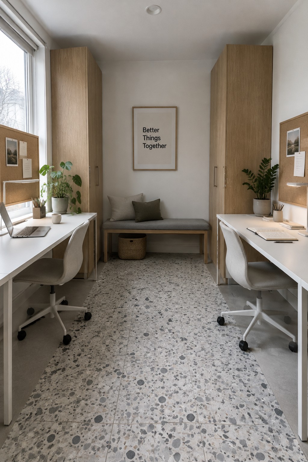 Modern minimalist office with two white desks, wooden cabinets, bench, and plants.