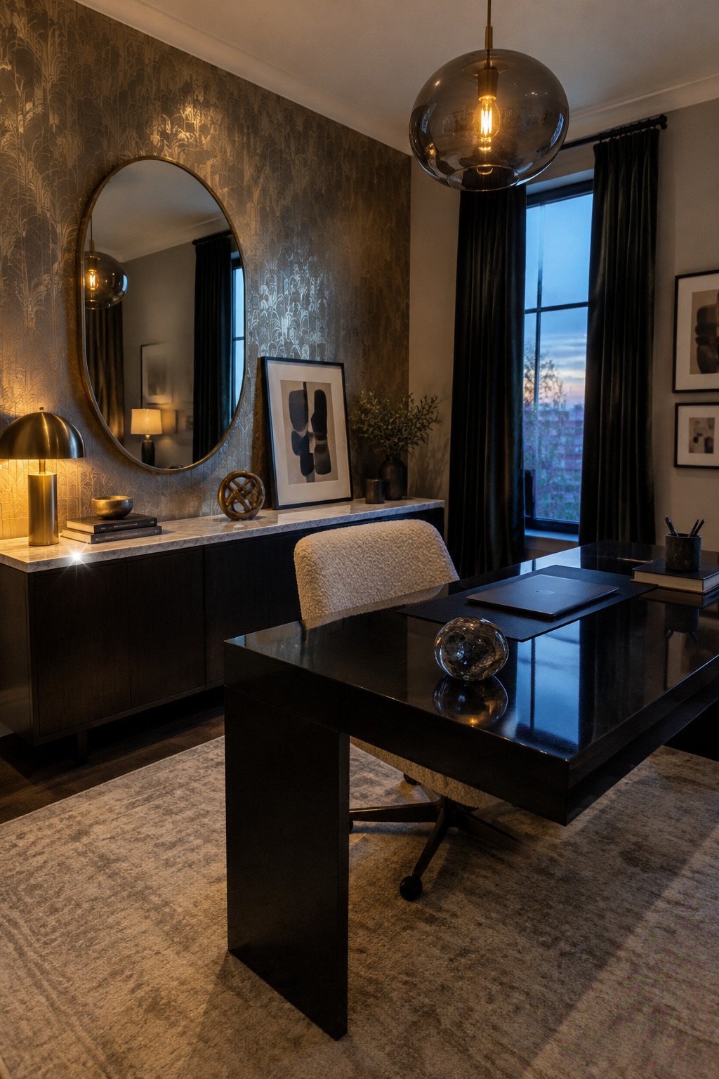 A home office with a black desk and bouclé chair positioned in front of a dark patterned wallpaper accent wall that includes a large oval mirror above a marble-topped console.