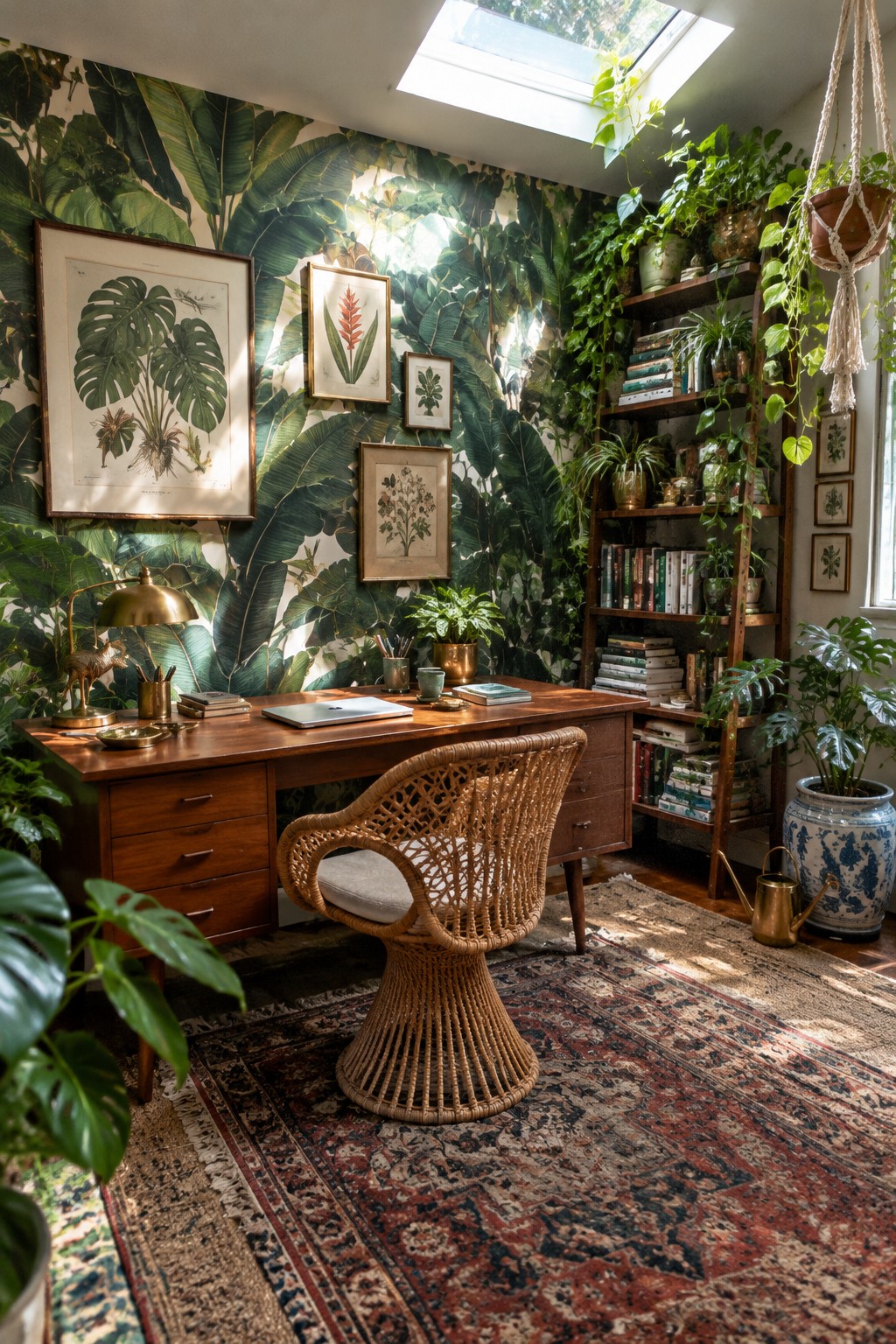 A home office with a wooden desk, woven chair, and large-scale green leaf wallpaper covering the wall behind it, along with bookshelves and houseplants.