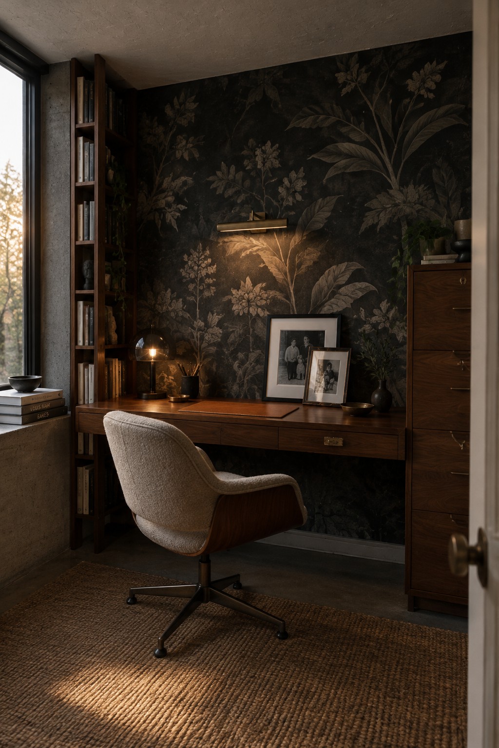 A home office featuring a wooden desk positioned against a dark accent wall with large-scale botanical wallpaper, a white upholstered swivel chair, and framed photos on the desk.