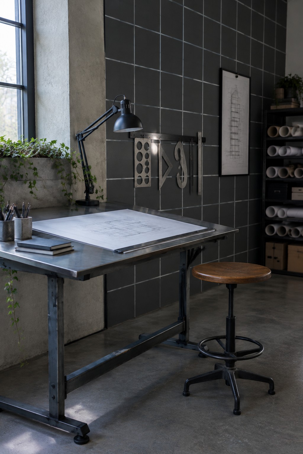 A home office featuring a metal drafting table with blueprints, a black articulated lamp, a wooden stool on wheels, and a dark gray square-tiled accent wall with a framed architectural print.
