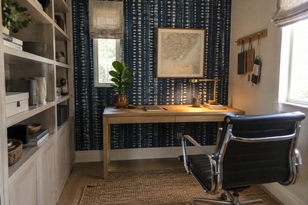 A home office desk set against a blue geometric patterned wallpaper wall with a framed map above it and a laptop on the desk.
