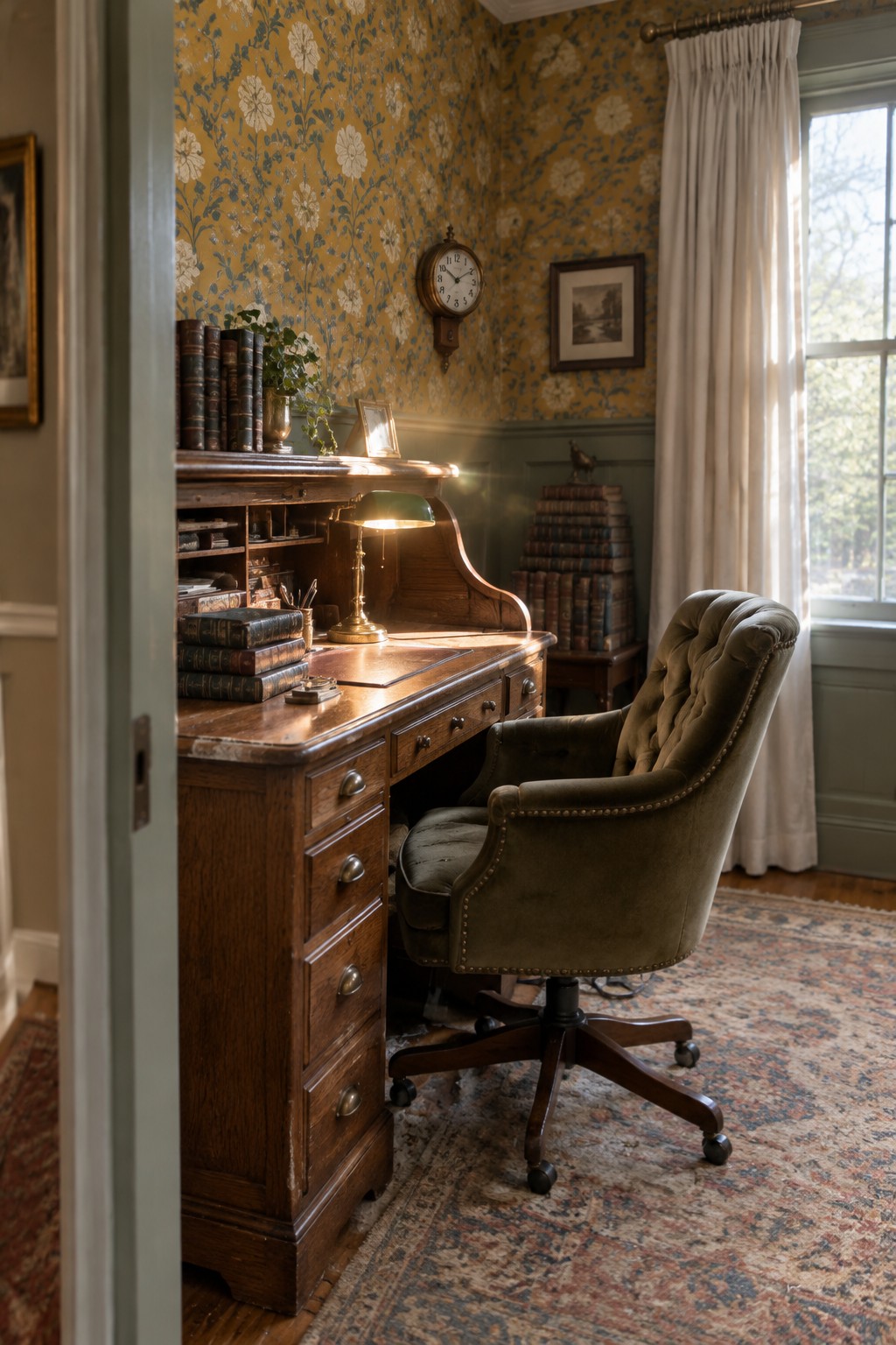A wooden desk and green upholstered swivel chair sit in front of a yellow floral wallpaper accent wall in a home office.