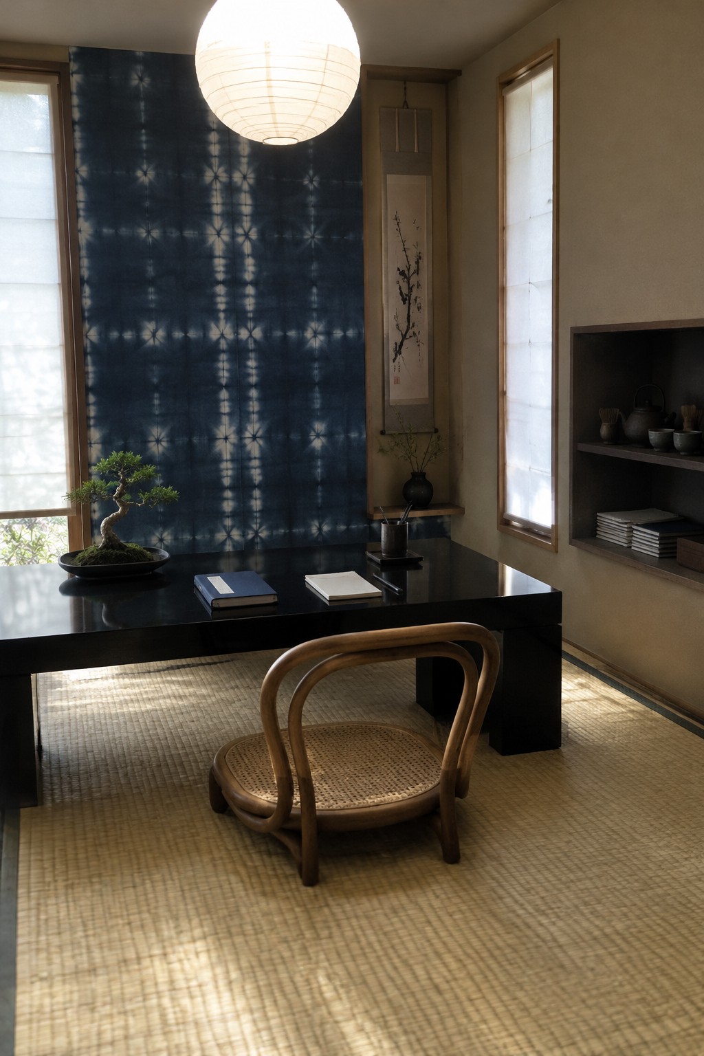 A minimalist home office with a black desk positioned in front of a large blue shibori-patterned accent wall, a low wooden chair, and a bonsai tree on the left side of the desk.