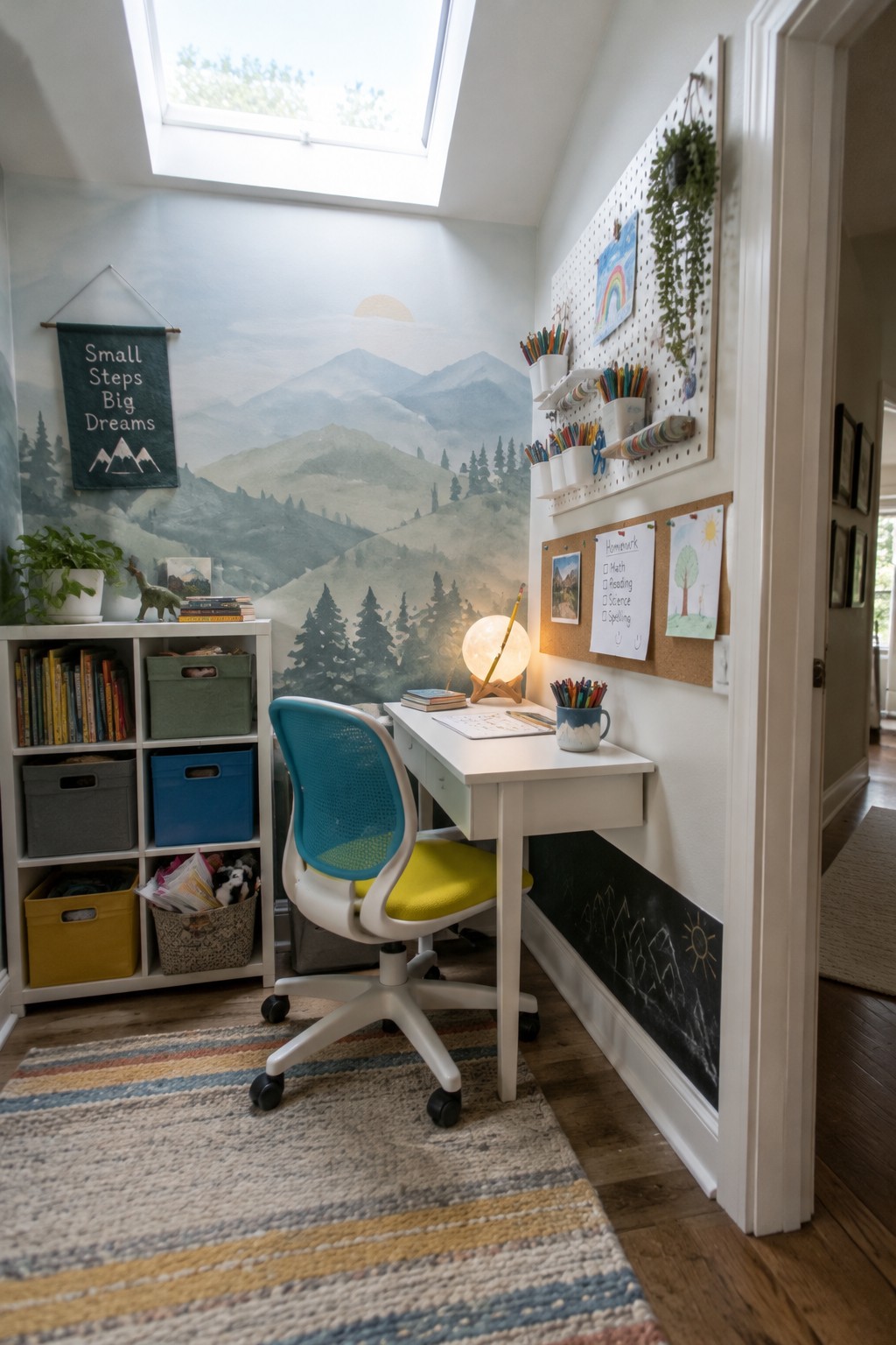 Cozy kids' homework nook with white desk, teal chair, pegboard supplies, chalkboard, and mountain mural