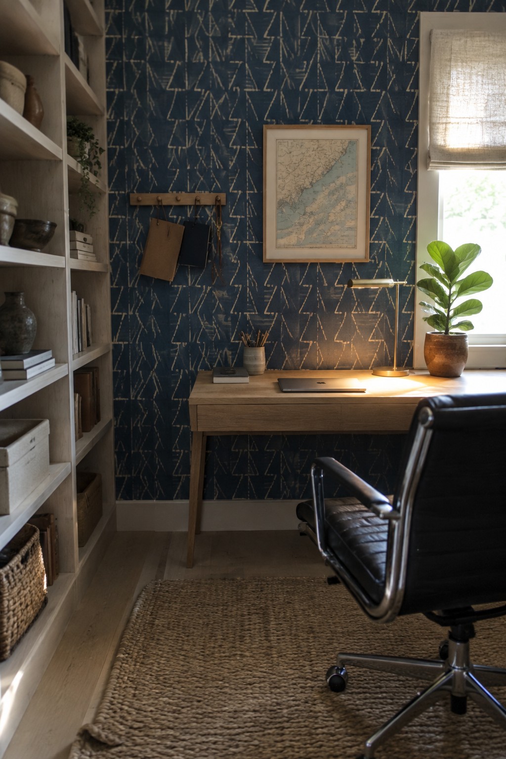 A home office desk set against a blue geometric patterned wallpaper wall with a framed map above it and a laptop on the desk.