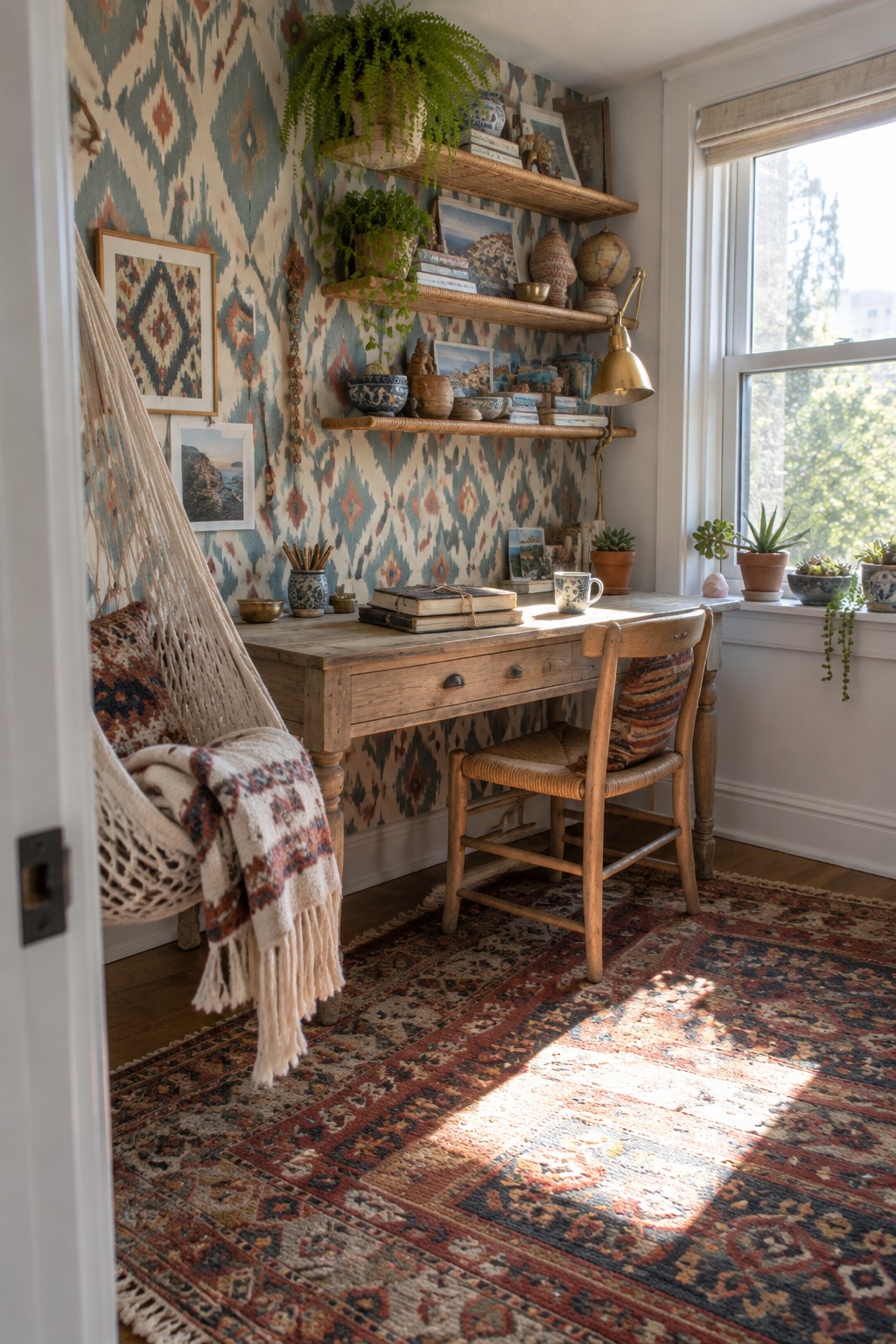 A home office features a wooden desk against a wall covered in teal, red, and beige geometric patterned wallpaper, with floating shelves above and a large window to the right.