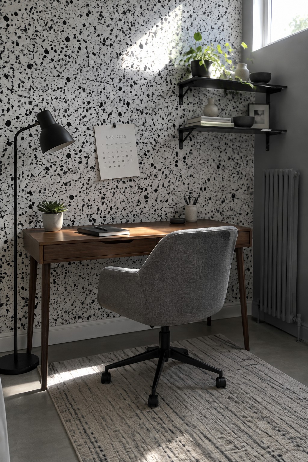 A home office with a wooden desk against a black and white speckled wallpaper wall, gray office chair, and black floor lamp.
