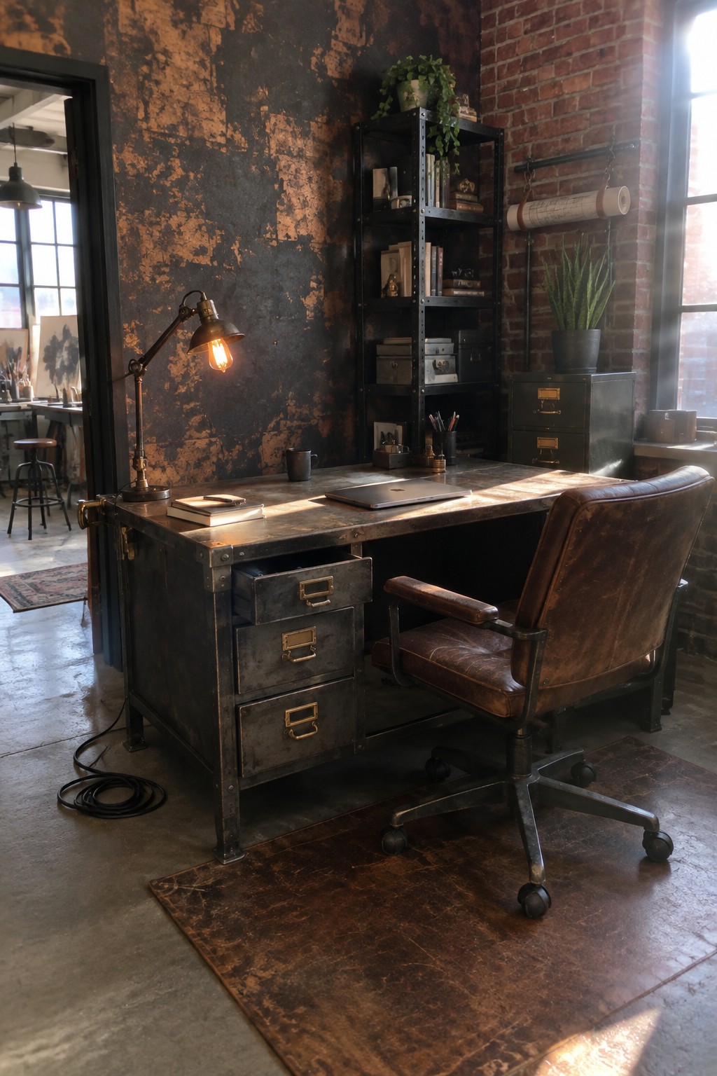 A home office featuring a large metal desk with drawers, a brown leather office chair, and a dark heavily textured accent wall behind the desk, lit by a vintage desk lamp.
